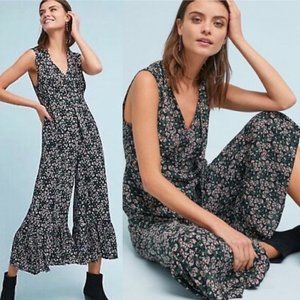 Anthro Maeve Asonia Black Floral Wide Leg Jumpsuit